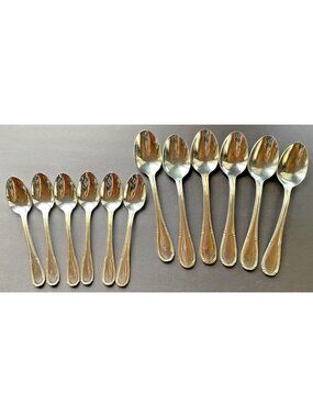 Vintage Lorena Stainless China Flatware Lot of 12 Spoons Gold Beaded Rim UNF753